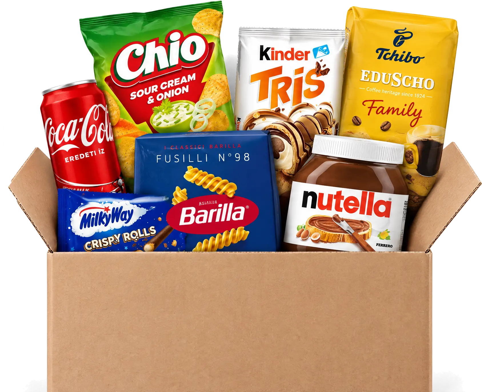 Munch Market doboz vegyes termékekkel: chips, kóla, tészta, kávé, Nutella